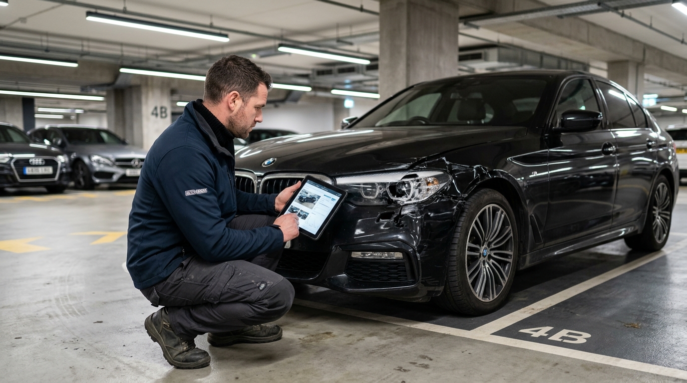 Unfallprofi-nrw.de KFZ Gutachter untersucht Unfallschaden mit Tablet